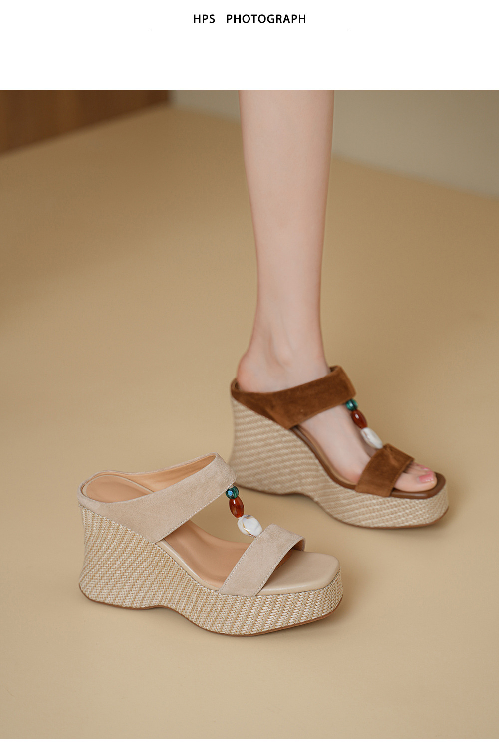 Sandal cao gót nữ hở mũi đế xuồng đan rơm gót 10 cm — màu nâu, màu mơ chi tiết 1