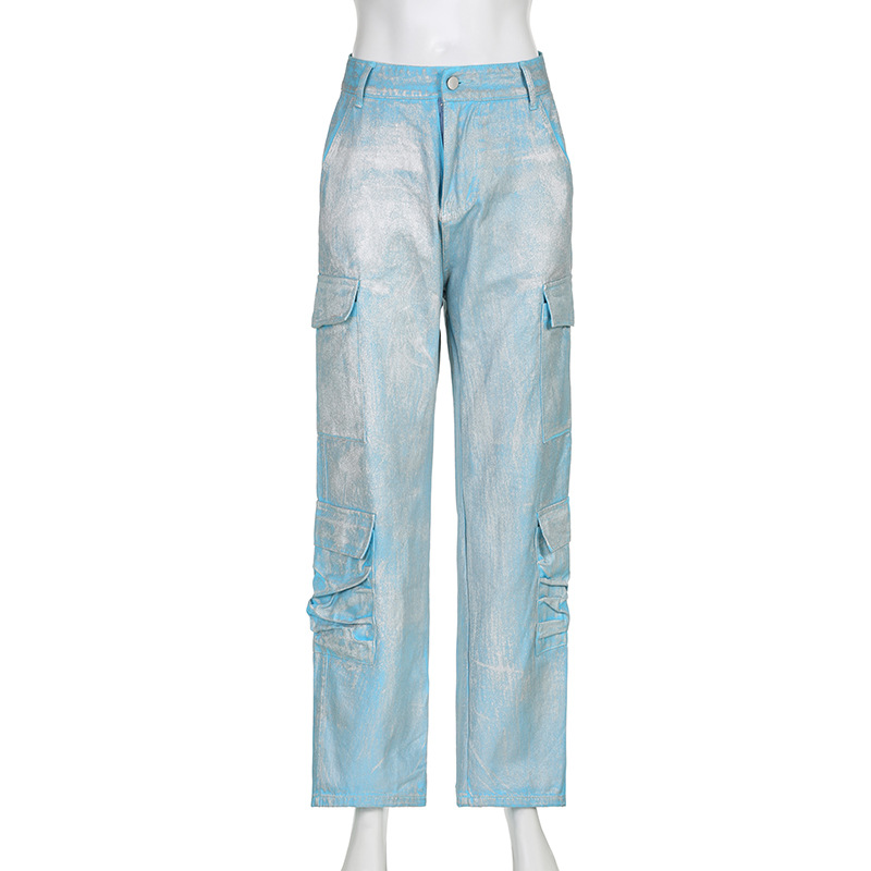Women Clothing Metallic Coated Fabric Bright Silver Jeans Workwear with Pocket Casual Pants Straight Leg Pants Sets