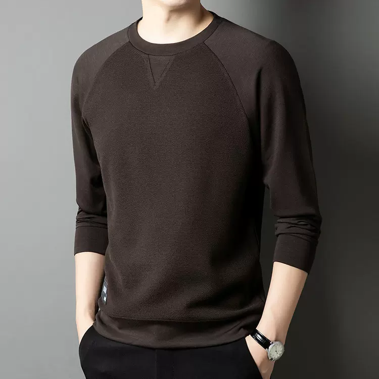 春秋款长袖卫衣男华夫格男士圆领长袖T恤打底衫抗起球批发卫衣男