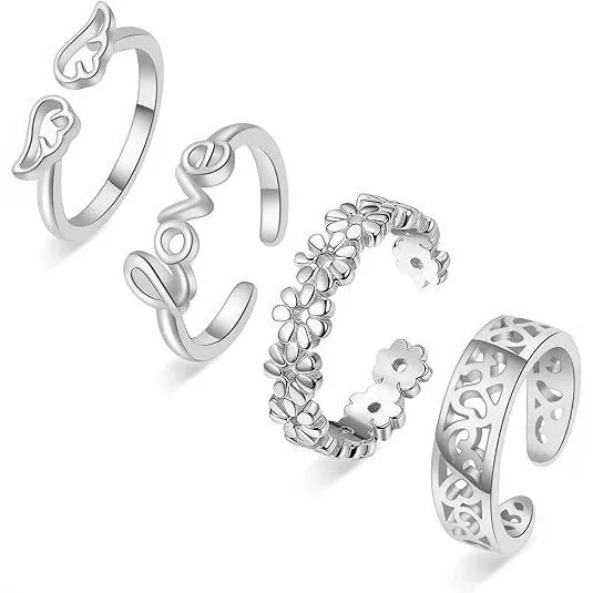 European and American Cross-Border Popular Silver Open-Toe Ring Set, Fashionable Hollow Flower-Shaped Adjustable Women's Foot Jewelry
