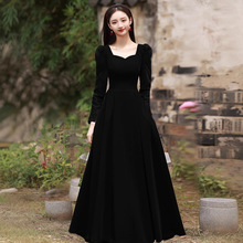 黑色方领长袖晚礼服2025新款复古优雅显瘦宴会年会轻奢主持礼服女