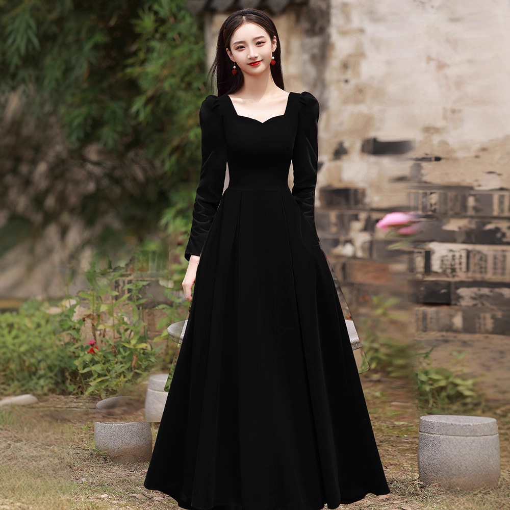 黑色方领长袖晚礼服2025新款复古优雅显瘦宴会年会轻奢主持礼服女