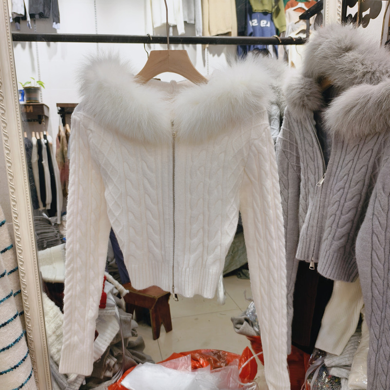 Autumn and Winter Celebrity Style Real Fox Fur Collar Hooded Light Luxury Sweater Female Hot Girl Short Knitted Cardigan Jacket