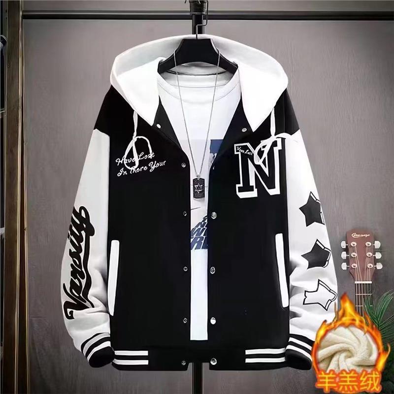 Men's Baseball Jacket, Winter 2024, Korean Style, Trendy Patchwork, Loose Fit, Hong Kong Style, Versatile Hooded Cardigan/Sweatshirt