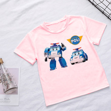 夏季炫酷動畫變形汽車卡通印花圓領男女兒童粉色休閑童裝短袖T恤