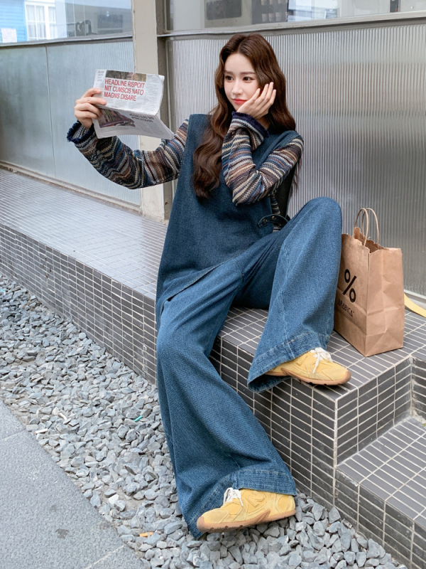 巨好看不规则牛仔马甲套装女秋季2025新款盐系针织衫阔腿裤三件套|undefined
