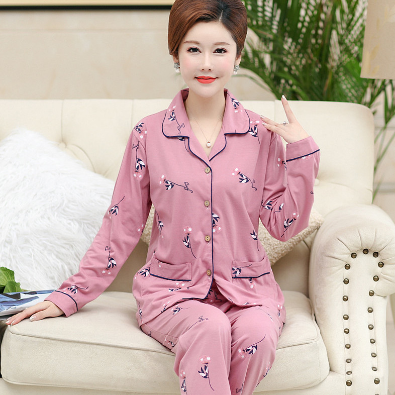 Primavera y otoño 100% pijamas de algodón de manga larga de las mujeres más el tamaño cardigan traje de mediana edad y ancianos ropa de casa de invierno