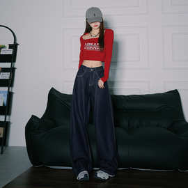 美式复古丹宁蓝宽松弯刀阔腿2025秋冬新款时尚百搭牛仔裤