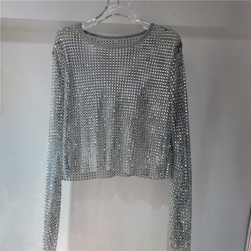Luz de lujo de alto nivel suave chaqueta de cristal de diamante de malla super celestial dentro de la fiesta bling brillante camiseta de base vaciada