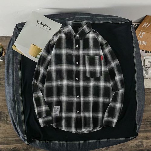 Men's checkered long-sleeved shirt for spring and autumn, loose student-style jacket, Hong Kong-style Korean fashion casual shirt