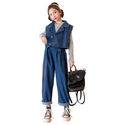Ladycloset Spring Outfit 2024 New Children's Stylish Korean Version Girls' Junior Spring Denim Vest Pants Set of Three