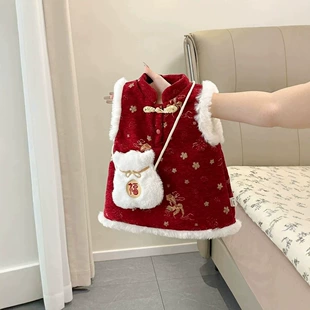 Утеплённое красное платье в китайском стиле для девочек на праздник