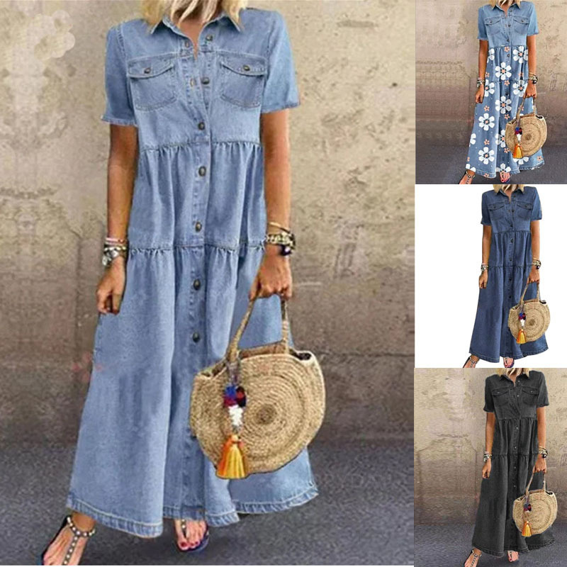 Amazon cross-border Europe and the United States fast-selling European independent station Denim wind long multi-button do old dress