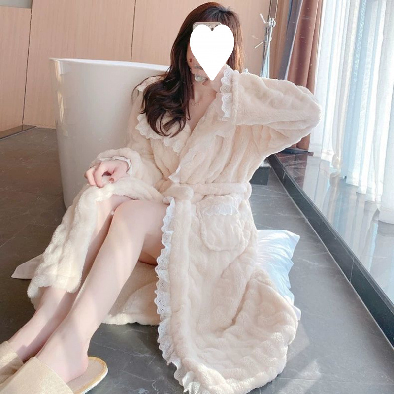2024 새로운 도착 잠옷 여성의 가을과 겨울 달콤한 섹시한 산호 양털 두꺼운 긴 잠옷 여성의 봄과 가을 목욕 가운