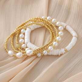 欧美巴洛克珍珠金色串珠叠戴手链铜镀套装弹力手链百搭简约手串女