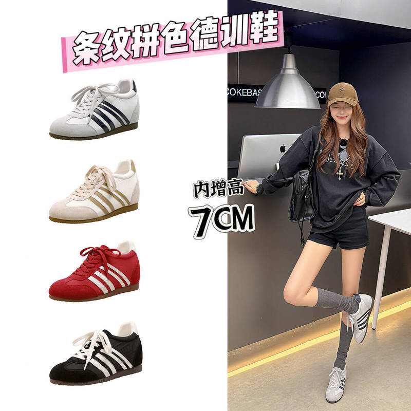 7cm internal height increase retro lace-up striped German training shoes for women, new round-toe thick-soled comfortable casual sports shoes