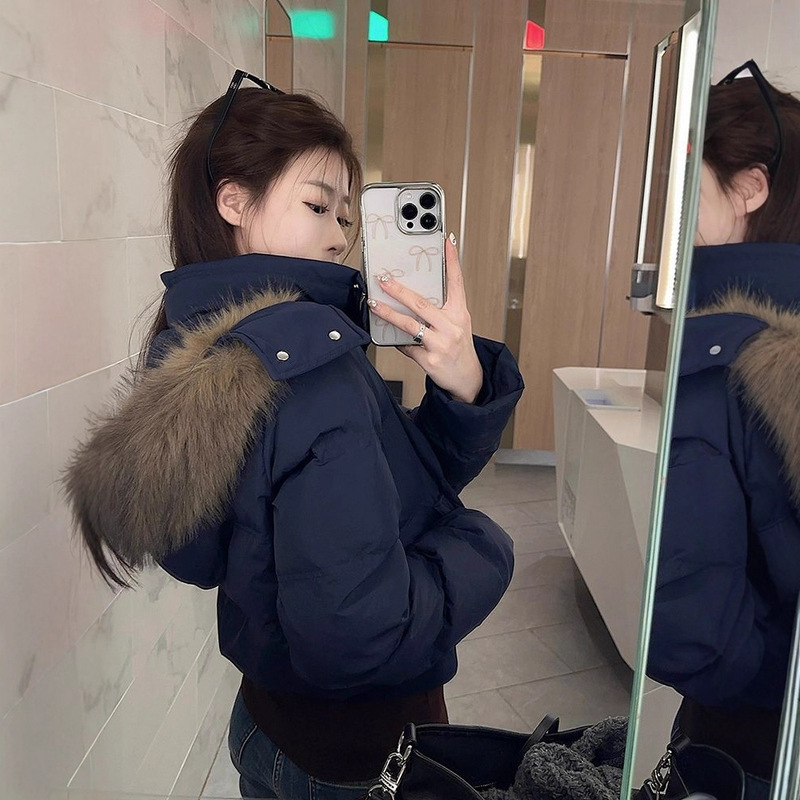 Versatile Navy Blue Hooded Cotton Coat with Large Fur Collar for Women, Thickened and Warm Parka, Short Slim-Fit Puffer Jacket