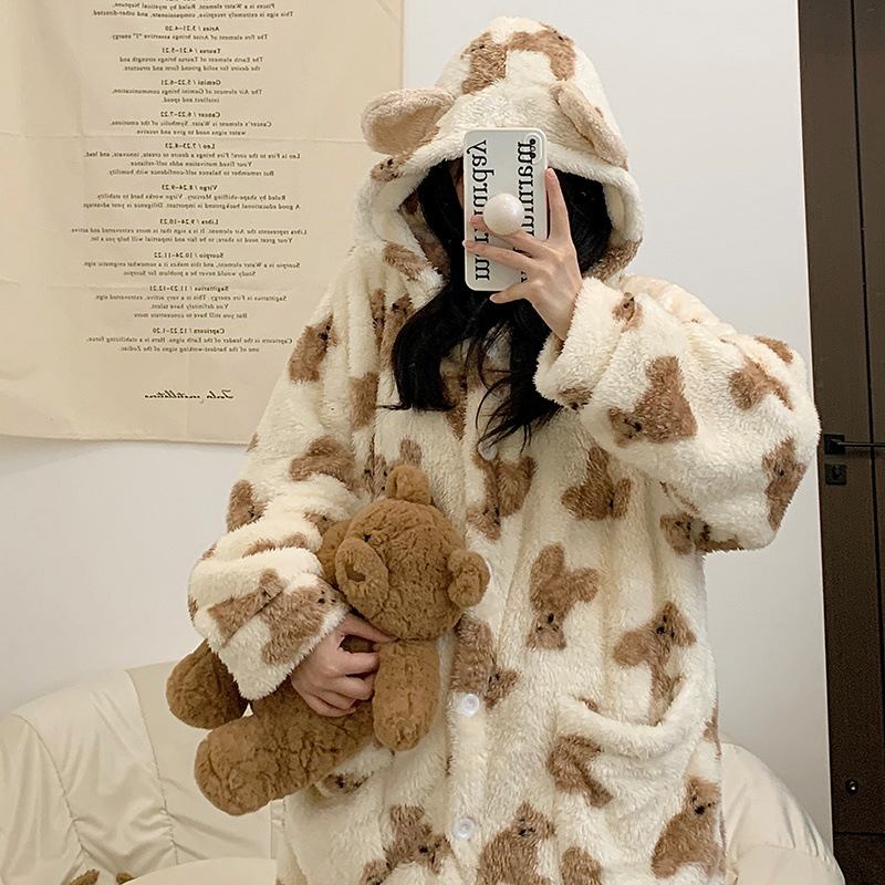 Pijama de franela de invierno mujer sobre la rodilla vestido con capuzas y camelón calentamiento simple lindos pijamas caseros al por mayor