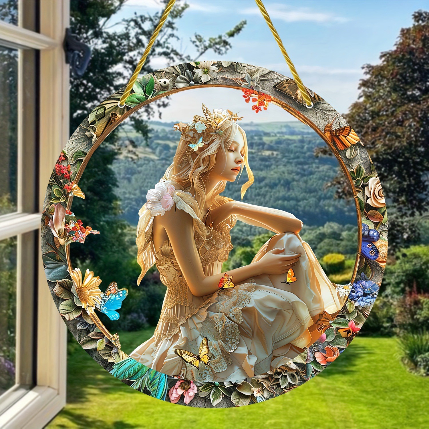 Decoración creativa transfronteriza acrílica disco plano colgar princesa de cuento de hadas belleza figura de captura de sol ventana decoración porche