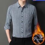 男装棉麻商务休闲长袖衬衫加绒加厚衬衫男长袖秋冬季新款条纹衬衣
