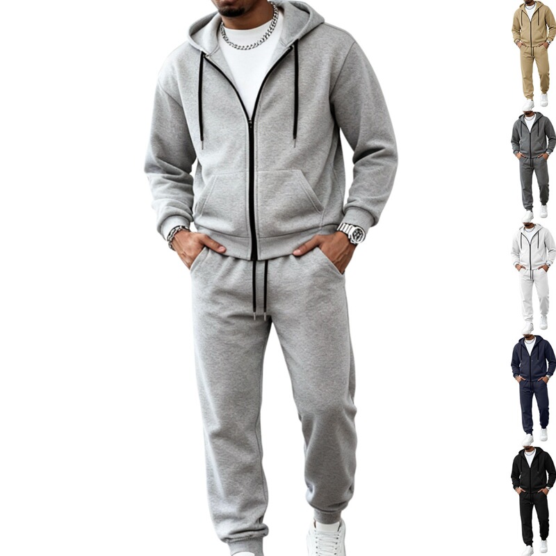 Cross-Border New Autumn and Winter Men's Solid Color Long-Sleeve Long-Pants Hooded Sports Casual Fleece Set, Warm and Comfortable Men's Set