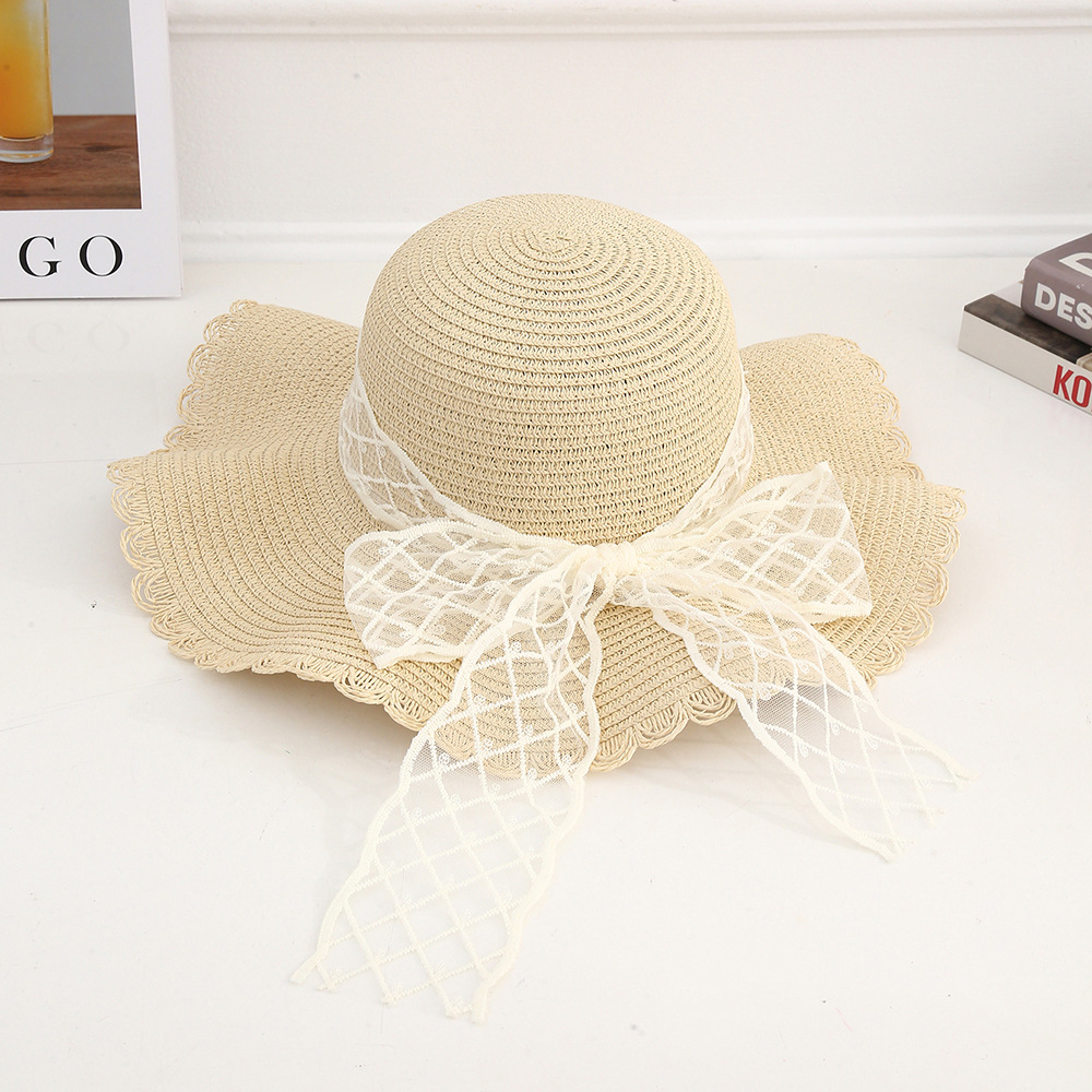 Sombrero de paja con lazo – estilo veraniego, ala ancha, para playa o vacaciones al aire libre