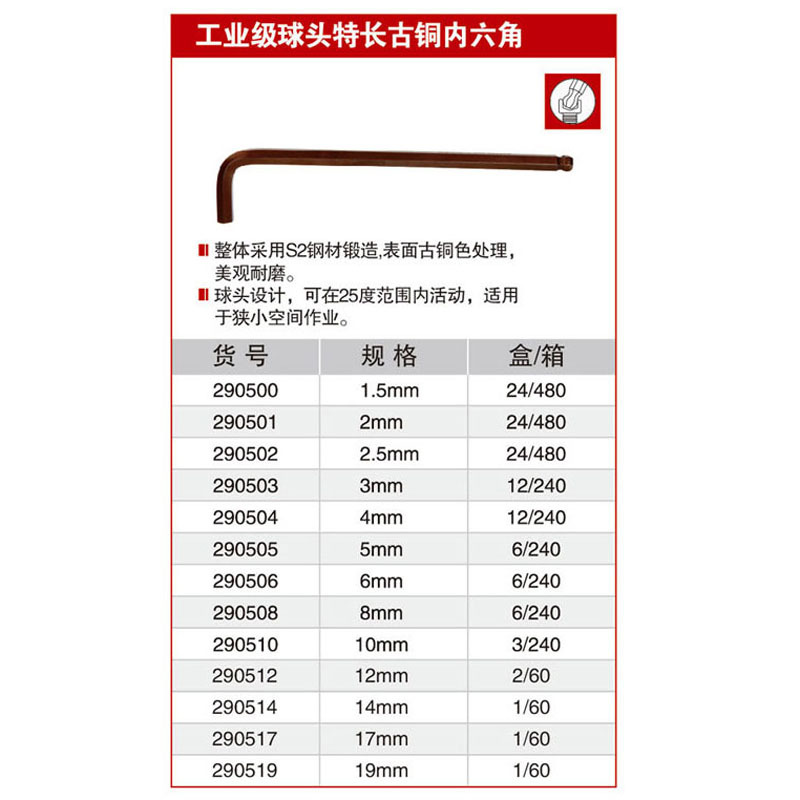 耐世工业级内六角 球头特长古铜S2 290500 290501 290502 290503