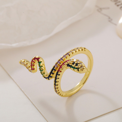 Light luxury, ethnic style, Internet celebrity, creative and personalized snake-shaped ring for men and women, simple colorful zodiac opening