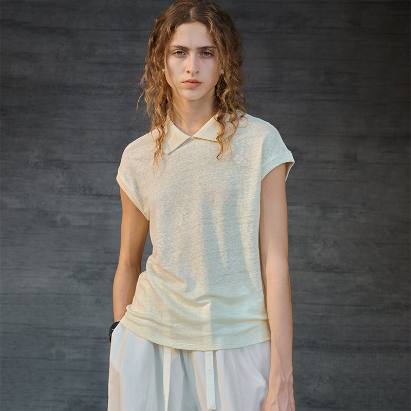 High-End Hemp Short-Sleeved Women's Summer Hemp Polo Shirt, Work Clothing Knitted T-Shirt, Old Money Style Simple Lapel Top High-End Hemp Short-Sleeved Women's Summer Hemp Polo Shirt, Work Clothing Knitted T-Shirt, Old Money Style Simple Lapel Top