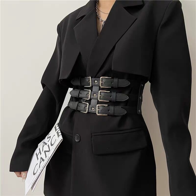 New Waistband with Waistband and Three Row Needle Buckle Ins Punk Women's Fashion Matching Dress Shirt Elastic Wide Waistband_voghion.com