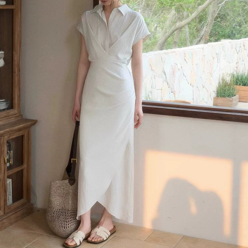 Eryang Design【Jingsheng】Simple Intellectual Style Striped Short-Sleeve Dress with Irregular Slit and Waist-Cinching Long Skirt Eryang Design【Jingsheng】Simple Intellectual Style Striped Short-Sleeve Dress with Irregular Slit and Waist-Cinching Long Skirt