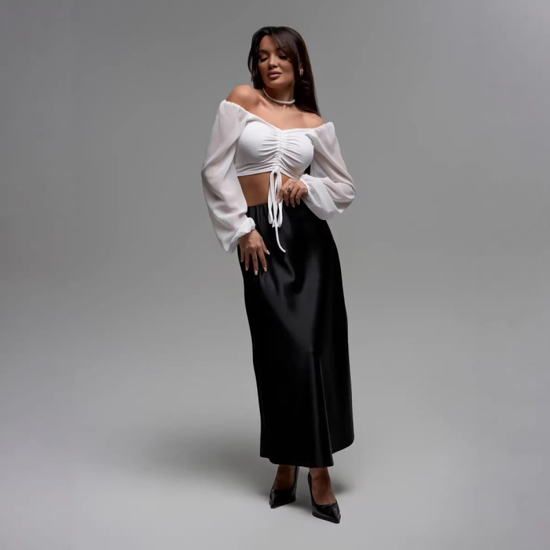 Fashionable V-Neck Chiffon Drawstring Ruched Lantern Sleeve Tight-Fitting Sexy Shirt