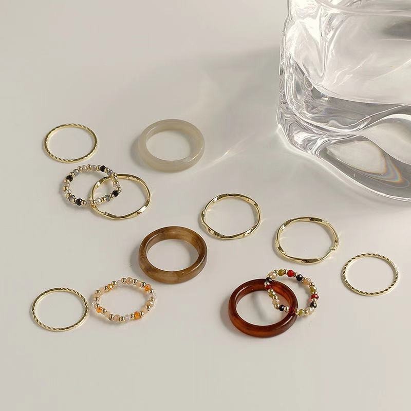 Vintage Ins Japanese and Korean Colorful Beaded Resin Acetate French Personality Index Finger Tail Ring Wave Ring Set