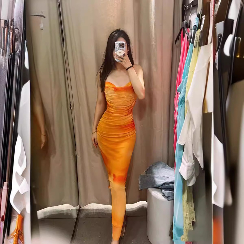 Foreign trade 2024 summer ZA series sexy slim pleated silk net long sling dress 3081024