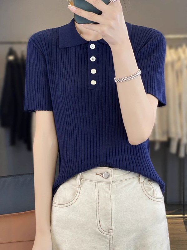 批发夏季上衣女服装t恤polo翻领天丝针织衫薄款显瘦气质百搭短袖|undefined