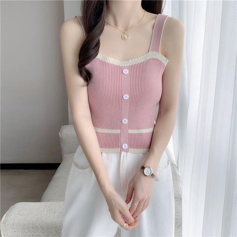 Pure desire style contrast color knitted short camisole Hot Girl Cute Korean style slim fit slimming top inner base Women