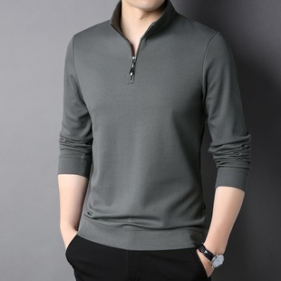Autumn New Cotton Men's Long-Sleeved T-Shirt Middle-Aged Fashion Casual Stand-Up Collar Zipper Pure Color Bottoming Top