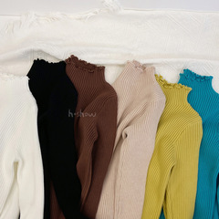 女童春秋新款純色高領花邊袖打底衫韓版時尚洋氣針織長袖0158A029