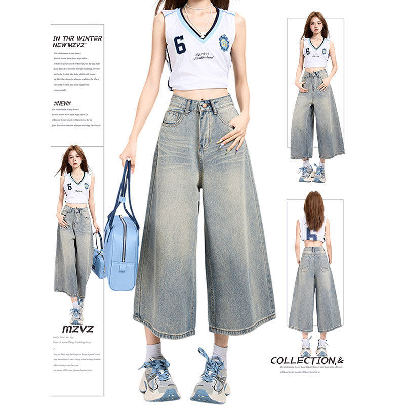 Designed Wide-Leg High-Waisted Denim Cropped Pants for Women, Summer Style, Blue Washed, Large Size, Loose Straight-Leg Cropped Pants