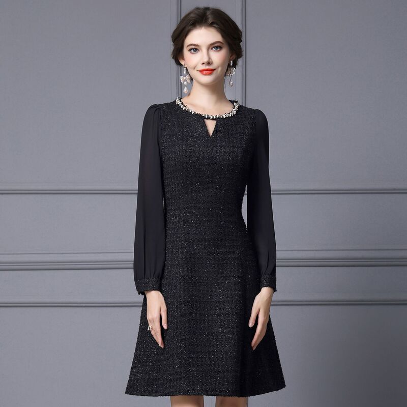 Zhili Long-Sleeved Dress for Slightly Chubby Important Occasions, Accessible Luxury and High-End Sense, Small Tweed Waist A-Line Skirt
