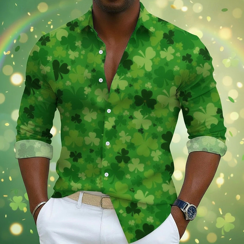 All-over printed light and dark green clover patterned collared long-sleeve shirt for men, casual top All-over printed light and dark green clover patterned collared long-sleeve shirt for men, casual top