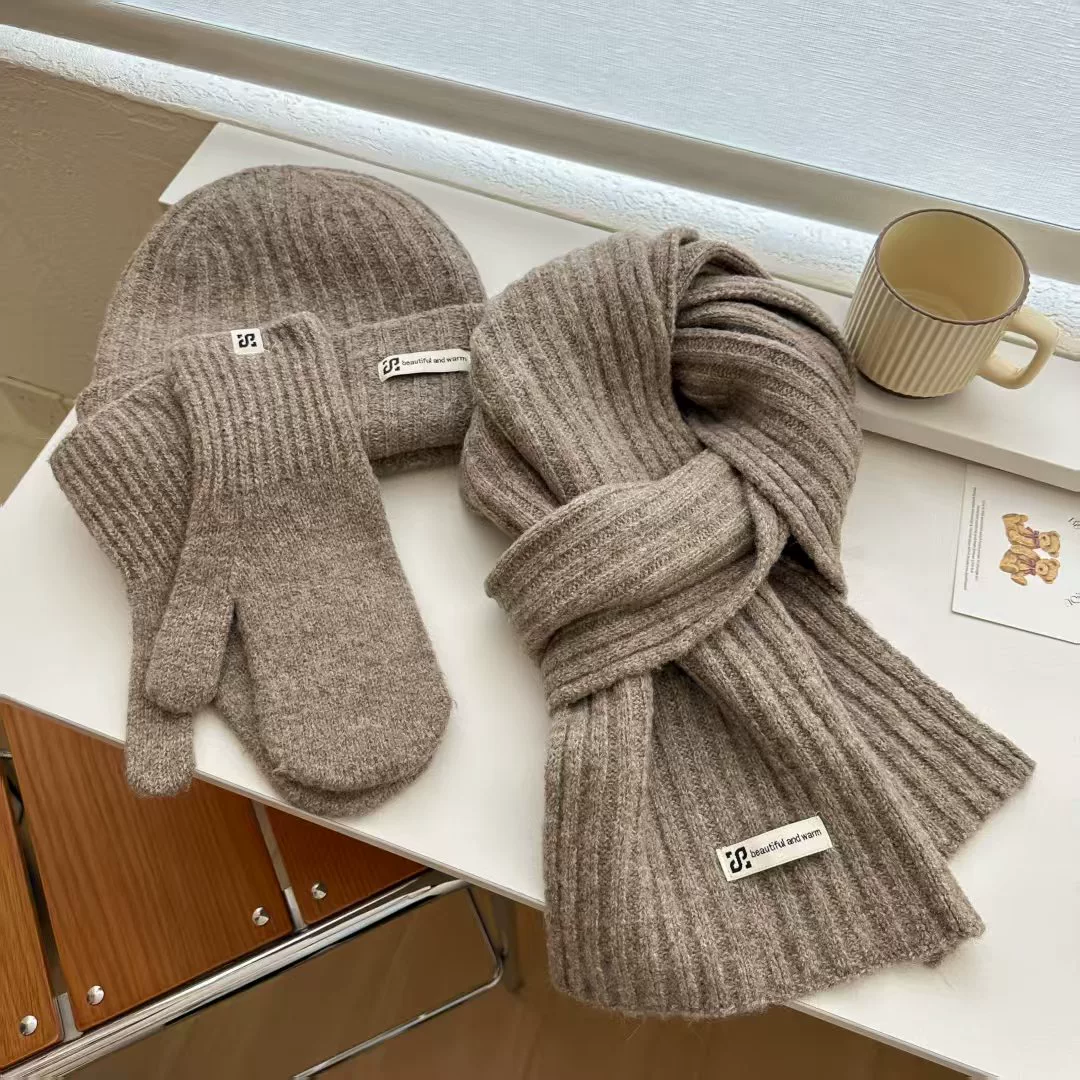 Woolen scarf, hat, knitted gloves, colored keep warm set, 3 piece set, increased thickness
