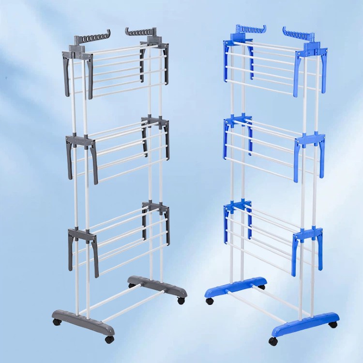 Rack de toallas con base plegable de doble columna rack de secado de ropa móvil interior y exterior rack de secado de ropa multifuncional de tres capas