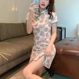 夏季中国风改良版旗袍碎花盘扣连衣裙新款气质小个子开叉包臀短裙