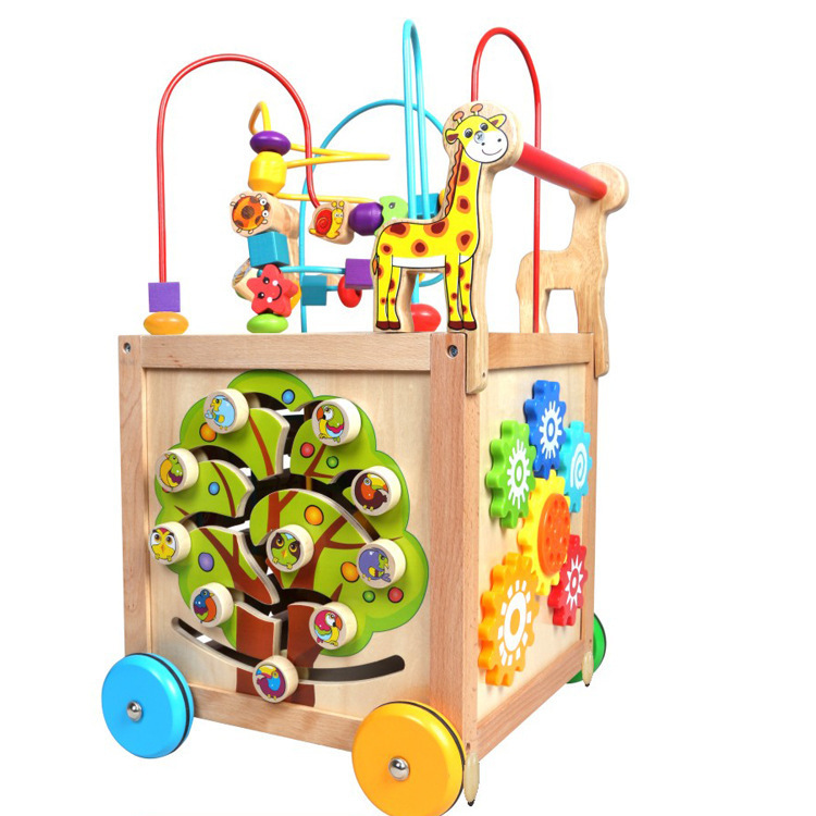 Múltiples funciones de madera alrededor de la caja del tesoro de cuentas de gran tamaño para niños con cuentas de jardín de infantes educación temprana juguetes de cochecito educativo