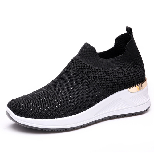 Foreign trade women's shoes  spring new breathable fly-knit mesh shoes women's soft-soled casual sports shoes thick-soled single shoes