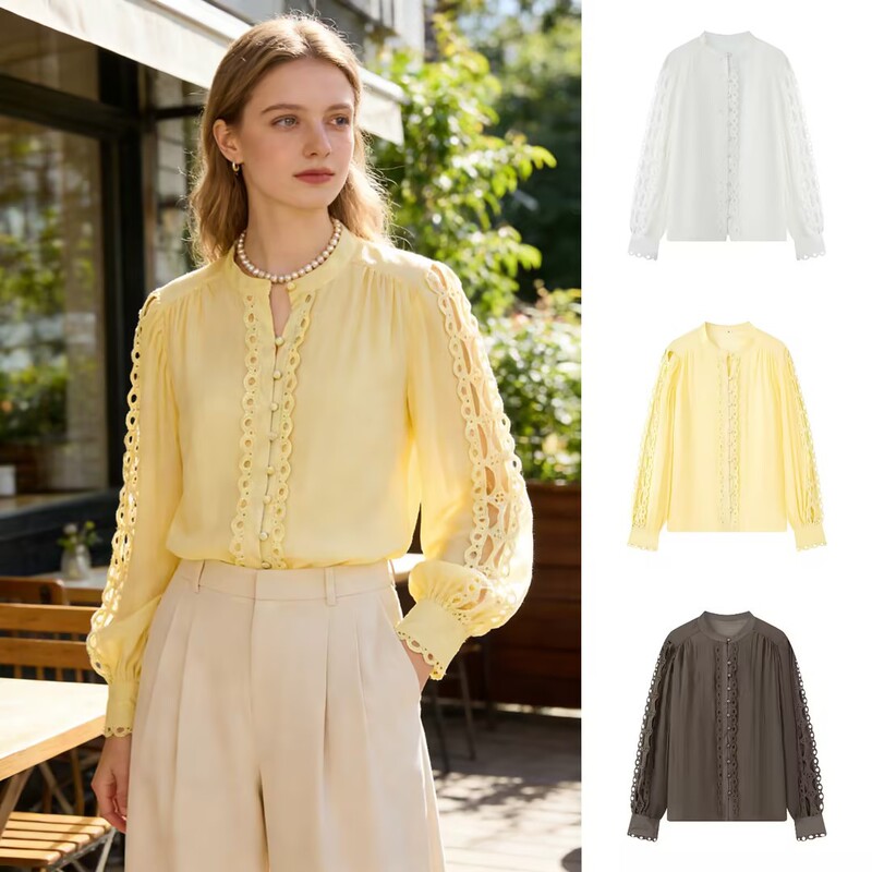 Foreign Trade 2026 Early Spring New Women's Clothing French Retro Fashion Elegant Round Neck Long-Sleeved Solid Color Lace-Trimmed Shirt