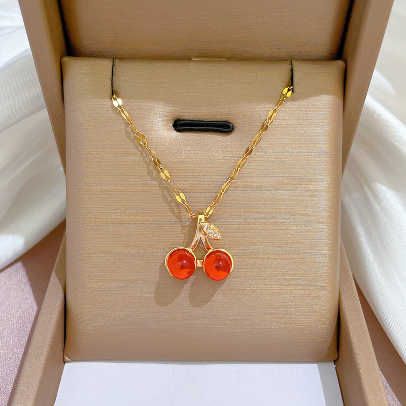 Fashion Cherry Titanium Steel Inlay Artificial Gemstones Necklace 1 Piece
