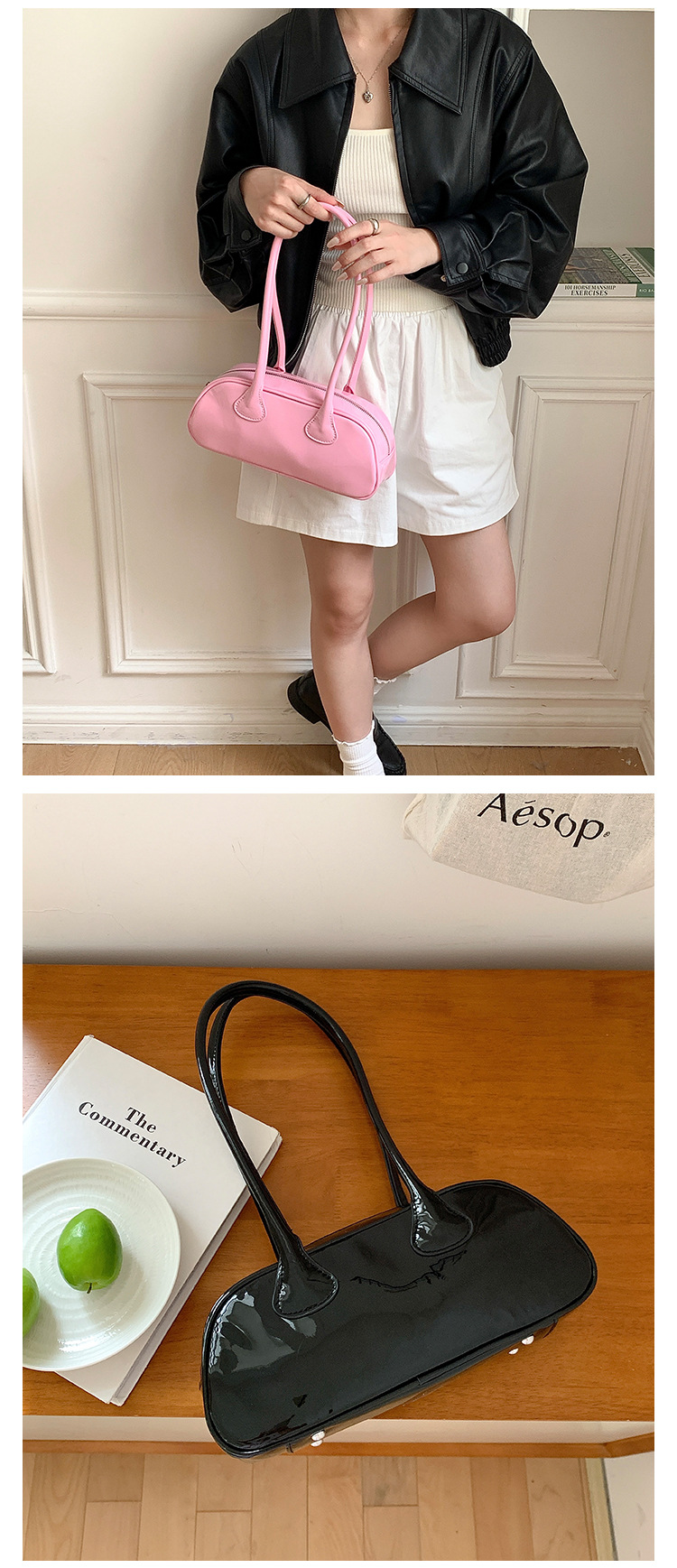 Piccolo gruppo lucido PU stick versione coreana, nuova borsa monospalla sottobraccio, modellatura in vernice, alla moda e_voghion.com