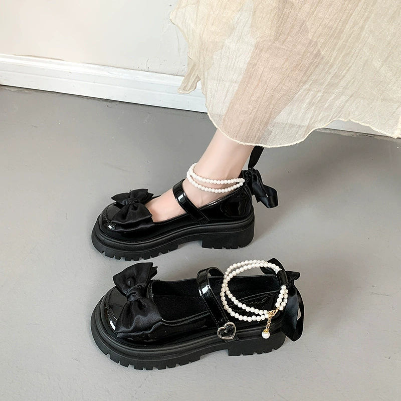 Лук дикий жемчуг рафу обувь женский 2024 зима новая круглая голова ретро с застежкой Мэри Джейн обувь женщина